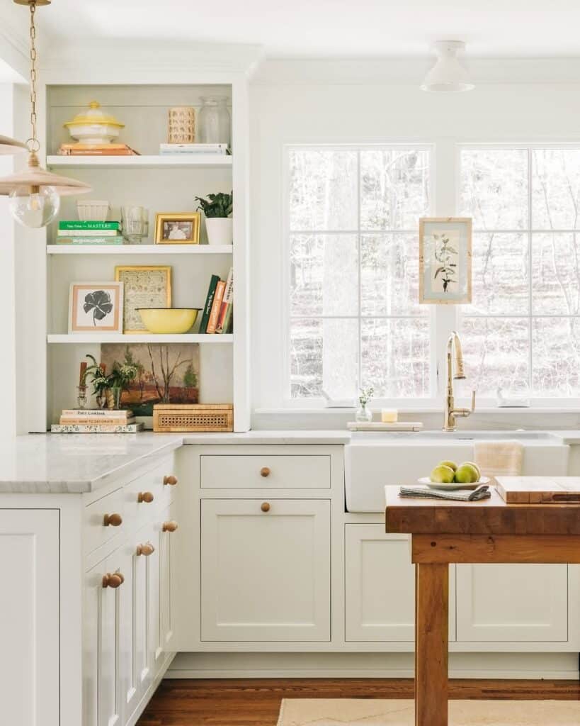 Antique White Cabinetry and Open Shelving