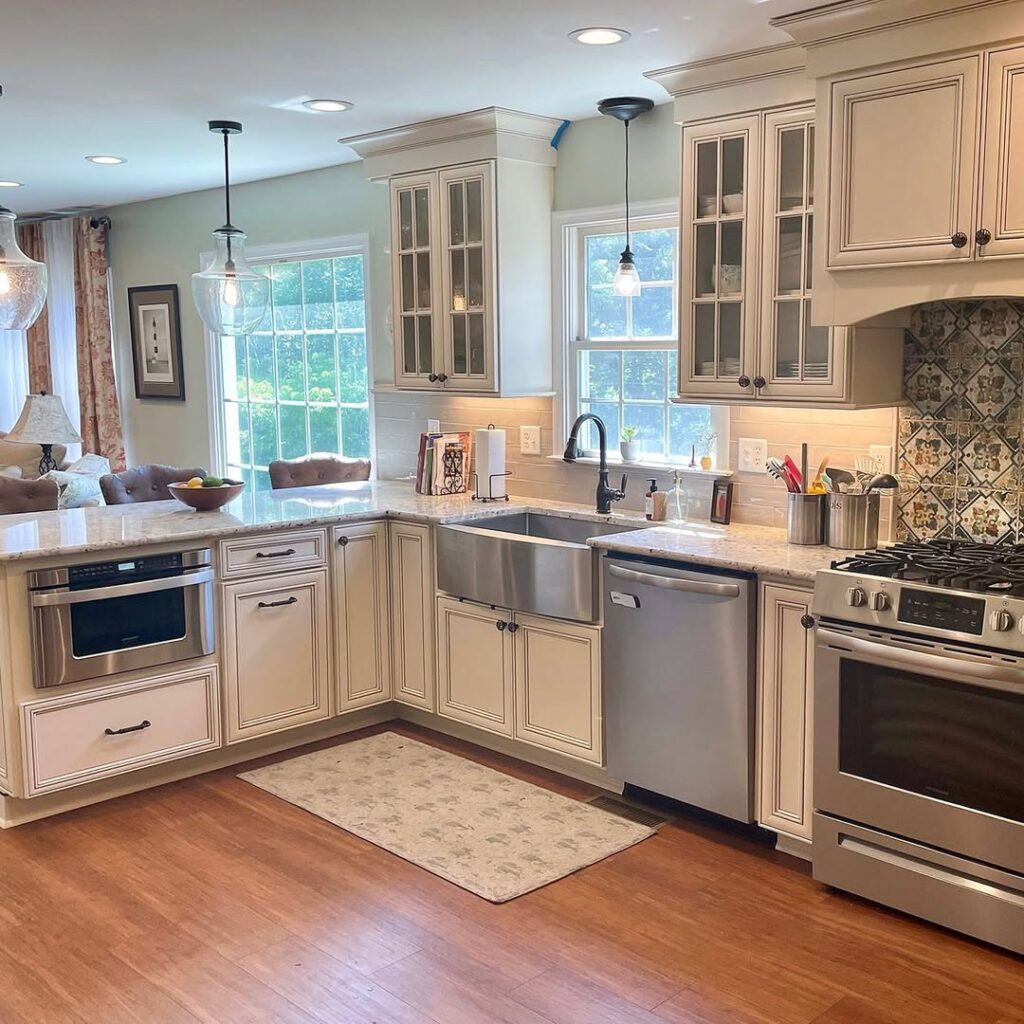 Antique White Cabinetry Finished in Chocolate Glaze