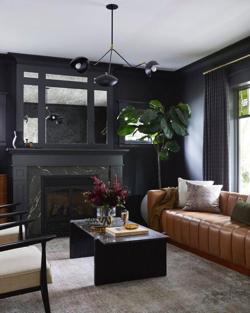 Cognac Sofa Against Charcoal Walls