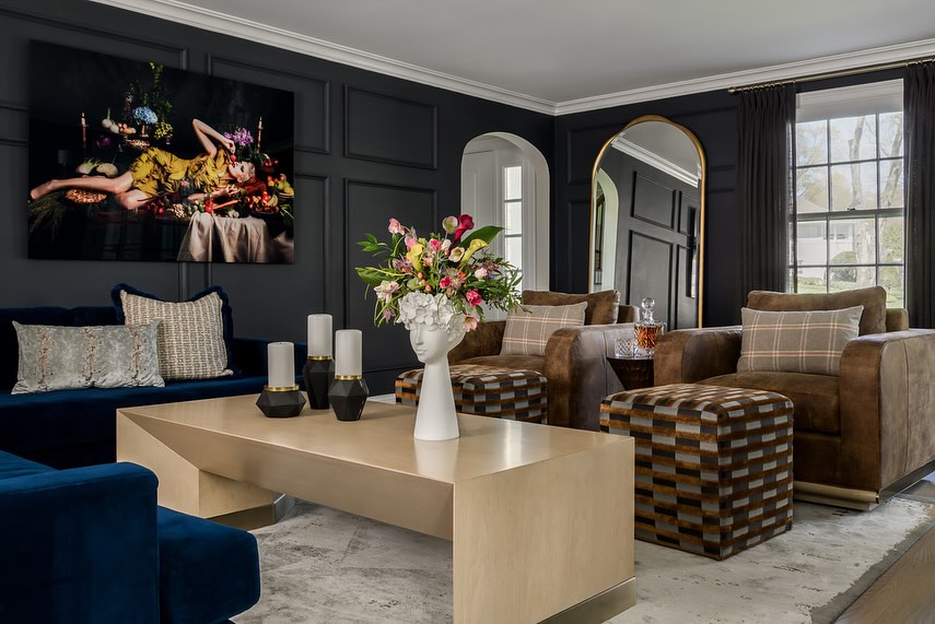 Dark Walls with Blue Velvet Seating