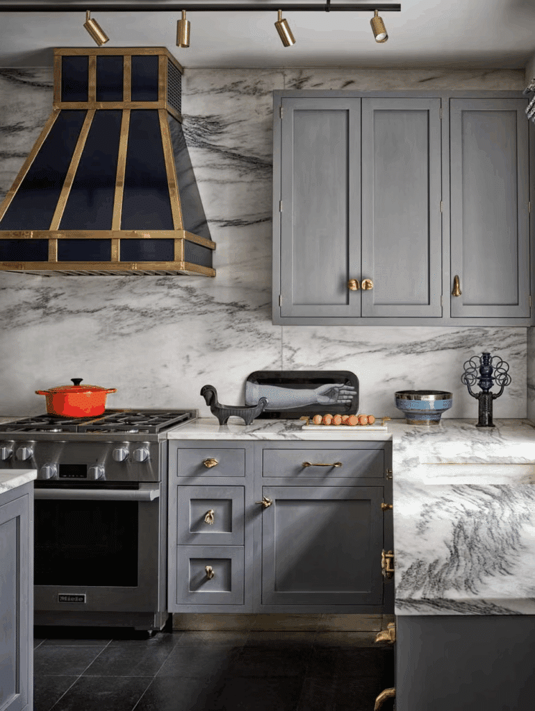 Gray Cabinetry Marble Backsplash