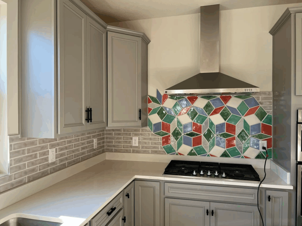 Gray Cabinets Colorful Tile