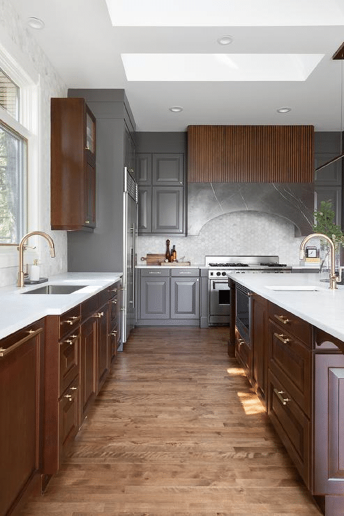 Gray Cabinets in Two Tones and Natural Wood Accents