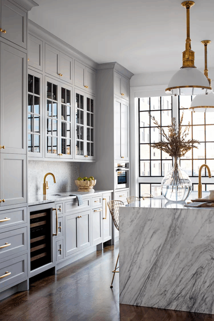 Matte Gray Cabinetry Brass Hardware