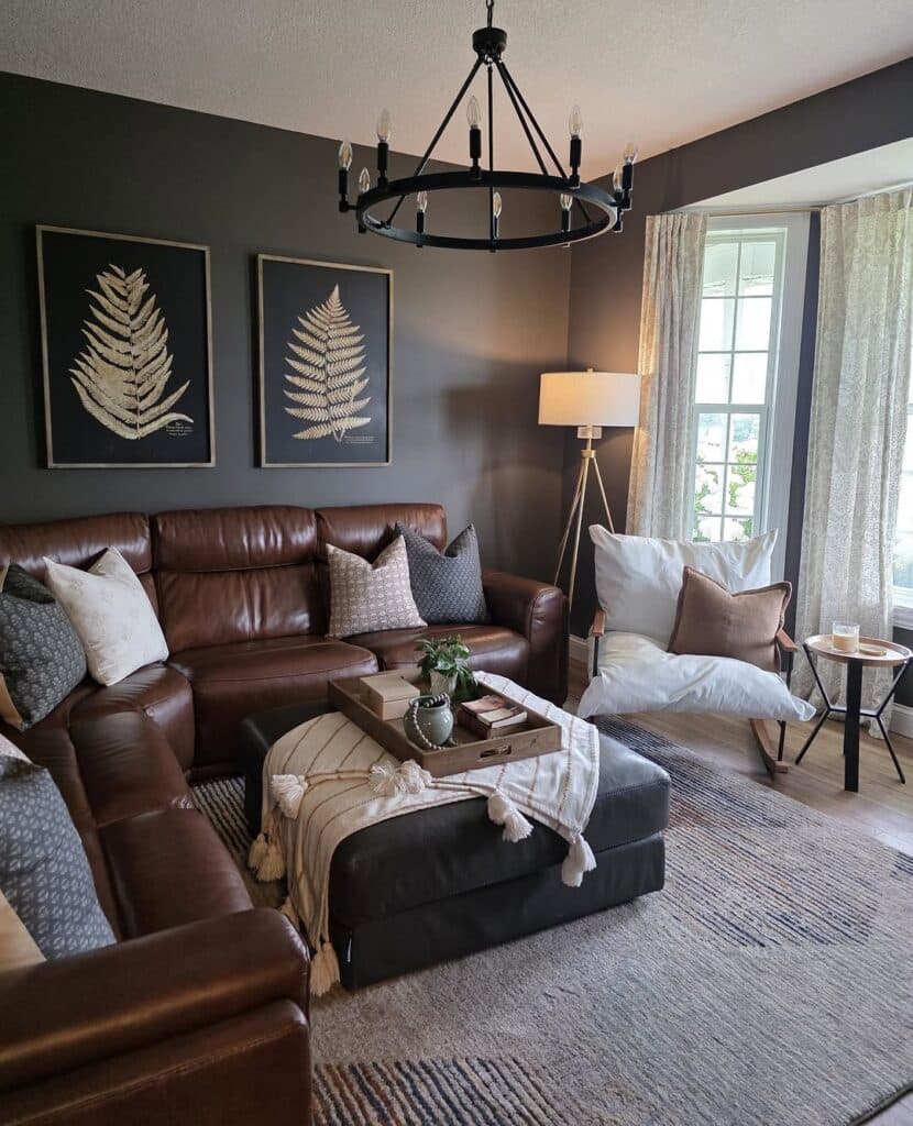 Moody Farmhouse Room with Leather Seating
