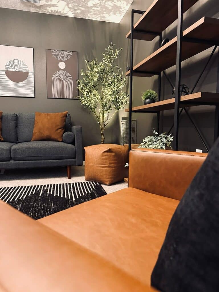 Olive Walls and Cognac Leather Seating
