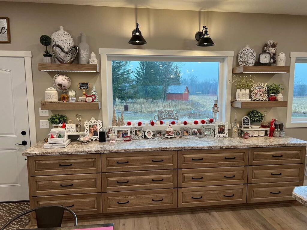 Red Oak Buffet Shelves and Lighting