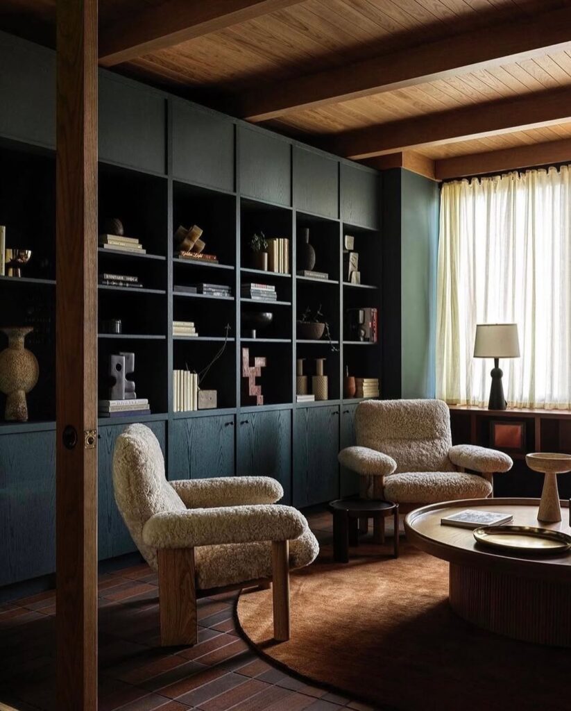 Shearling seating in a shadowed library