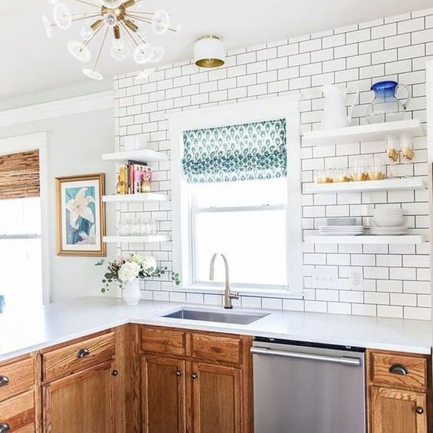 Subway Tile and Red Oak Kitchen Cabinets