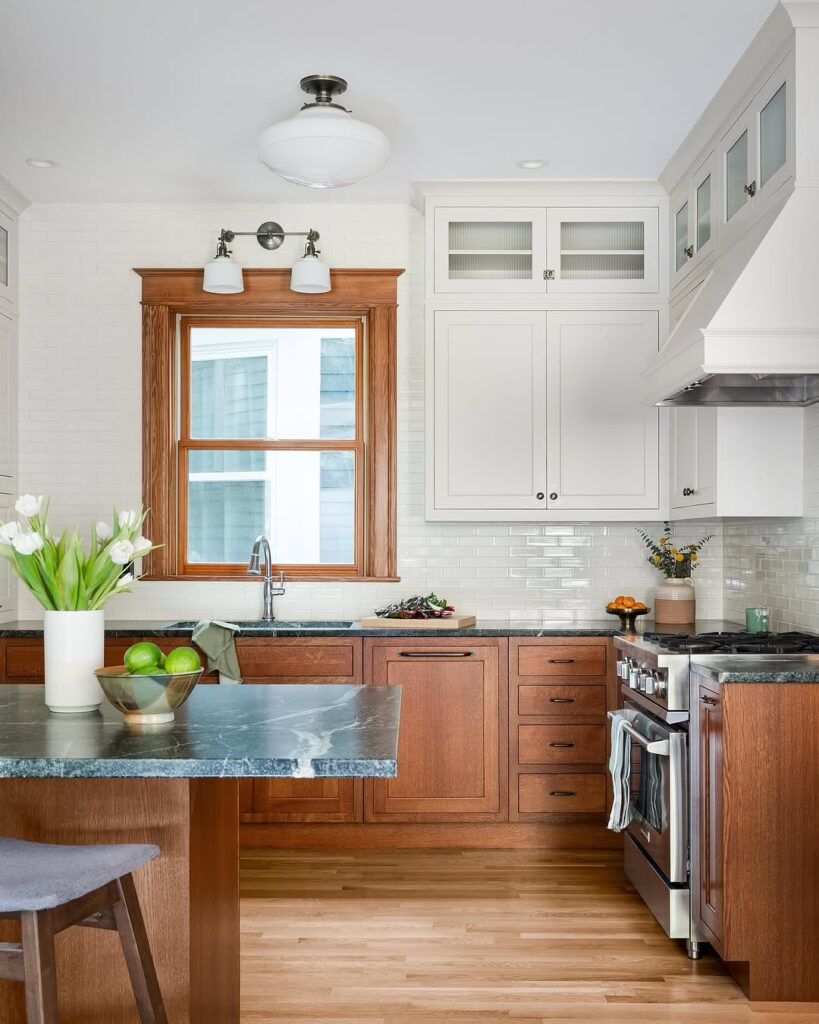 Two-Tone Cabinetry with Red Oak Bases and Light Uppers