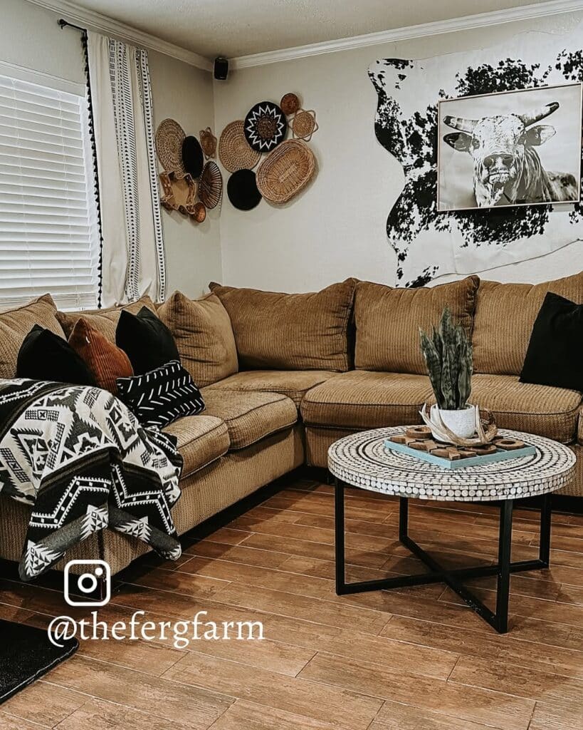 Boho Accent beside a Rustic Corduroy Sectional