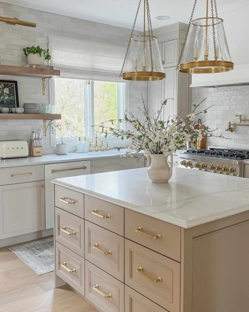 Brass Accents for Greige Cabinets