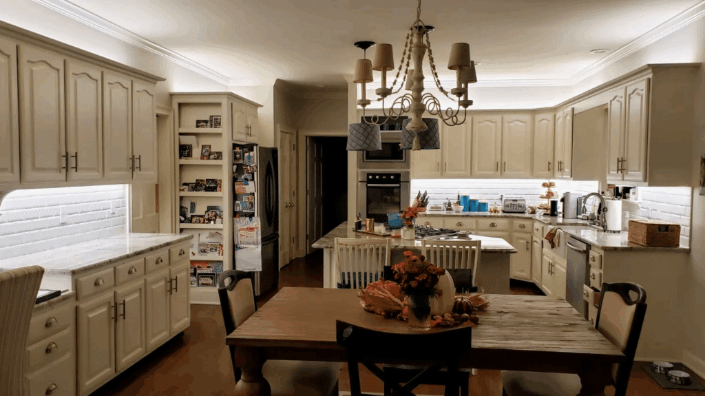Integrated Lighting with Off-White Cabinetry