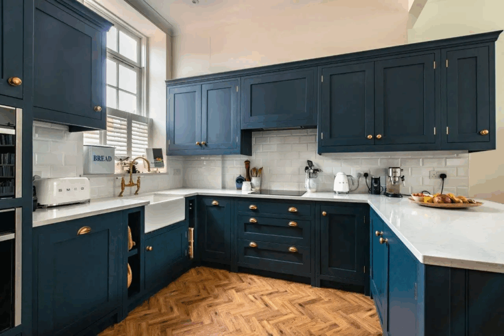 Midnight Blue and Gold Cabinets