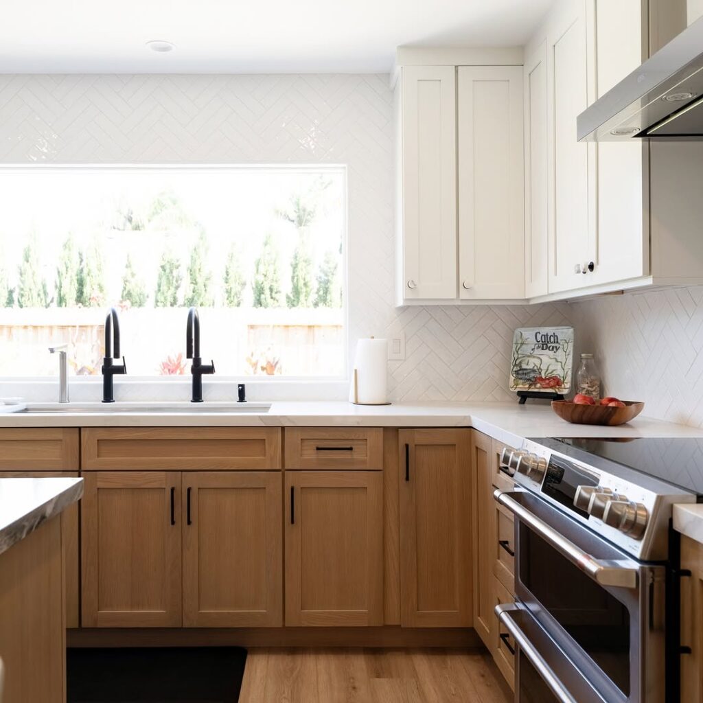 Off-White and Natural Wood Two-Tone Cabinetry