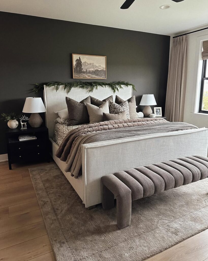 Olive Mist in a Taupe Velvet Bedroom