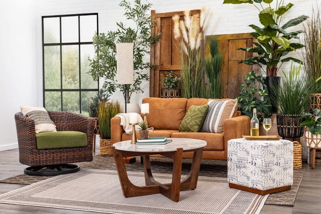 Tan Botanical Sofa in a Nature Oasis