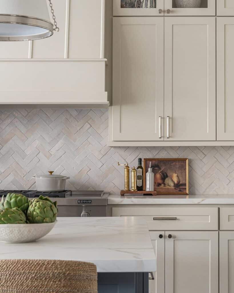 Textured Backsplash for Warm White Cabinetry