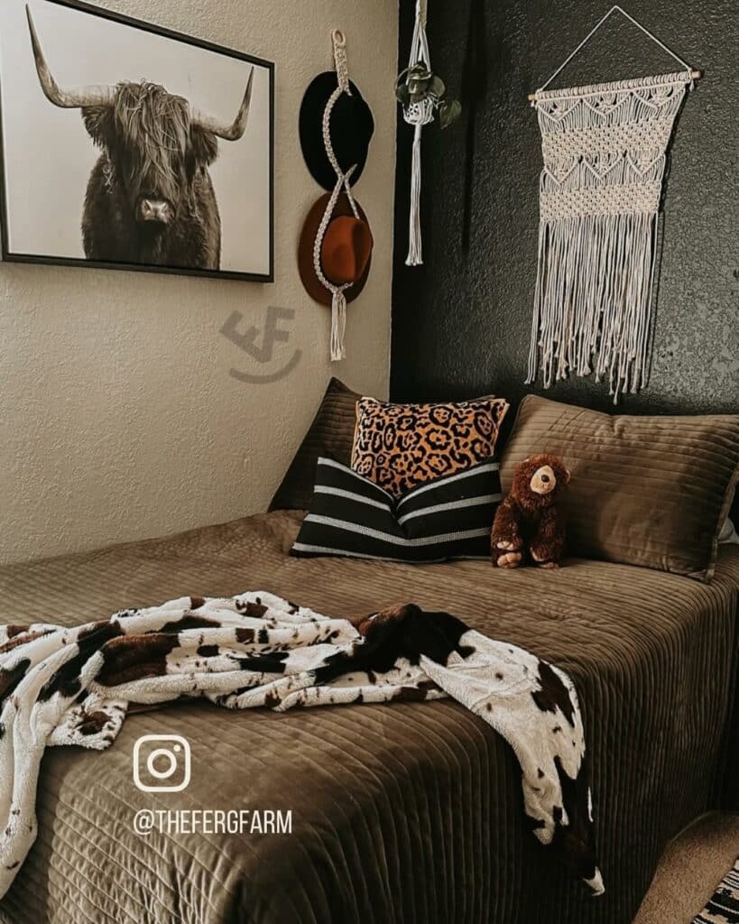 Western Boho Cow Print Bedroom with Macramé