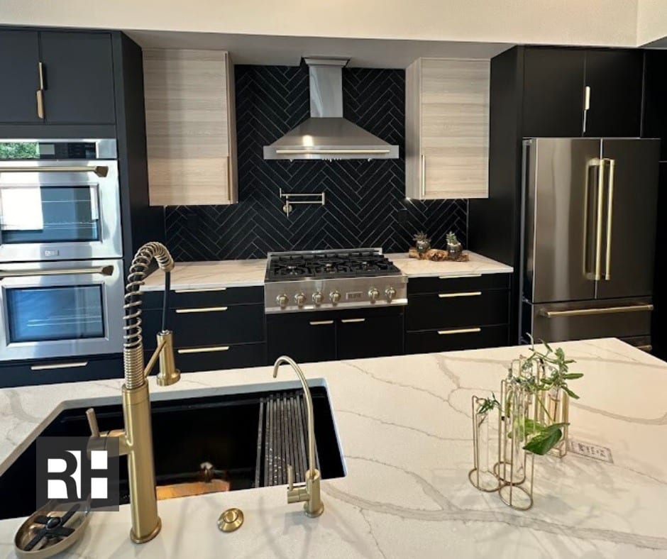 Black Cabinetry and White Marble