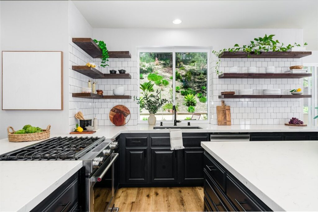 Black Cabinets and White Open Shelves