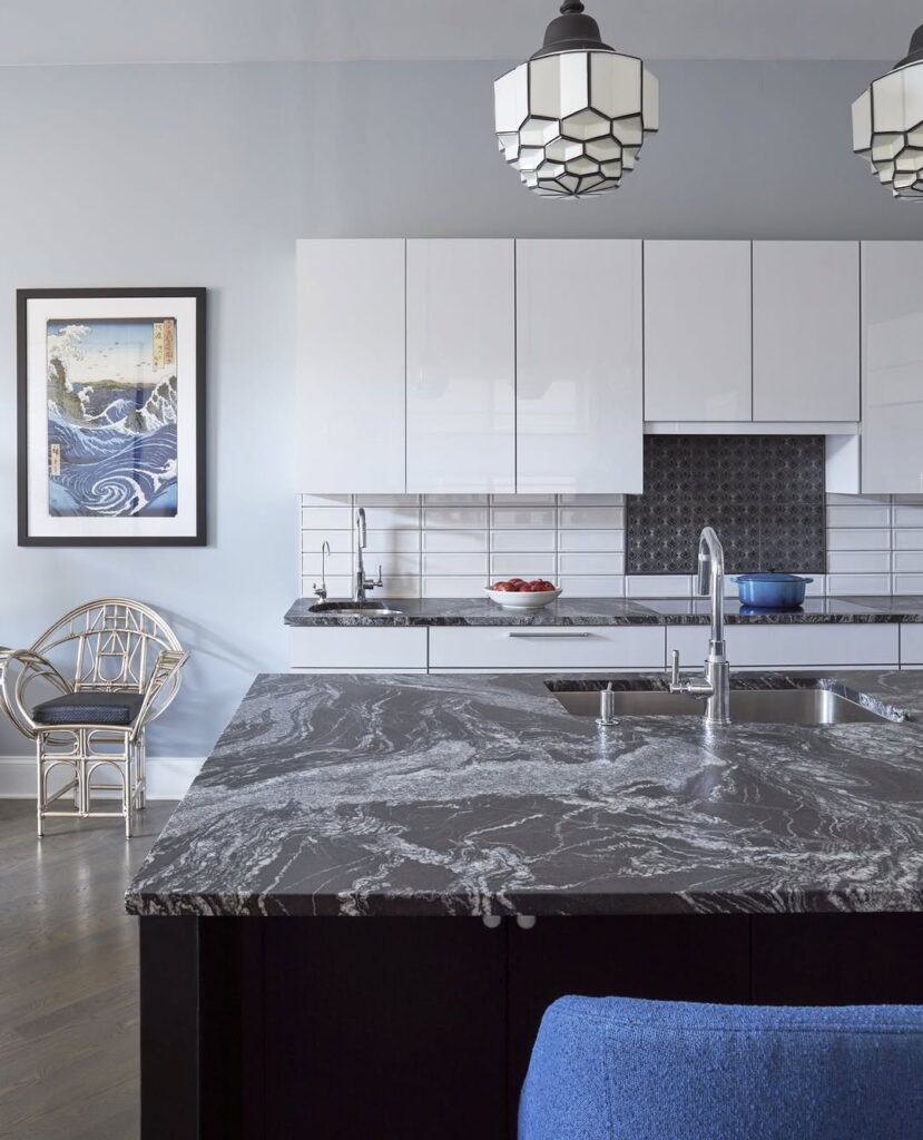 Black Kitchen Island and White Cabinets