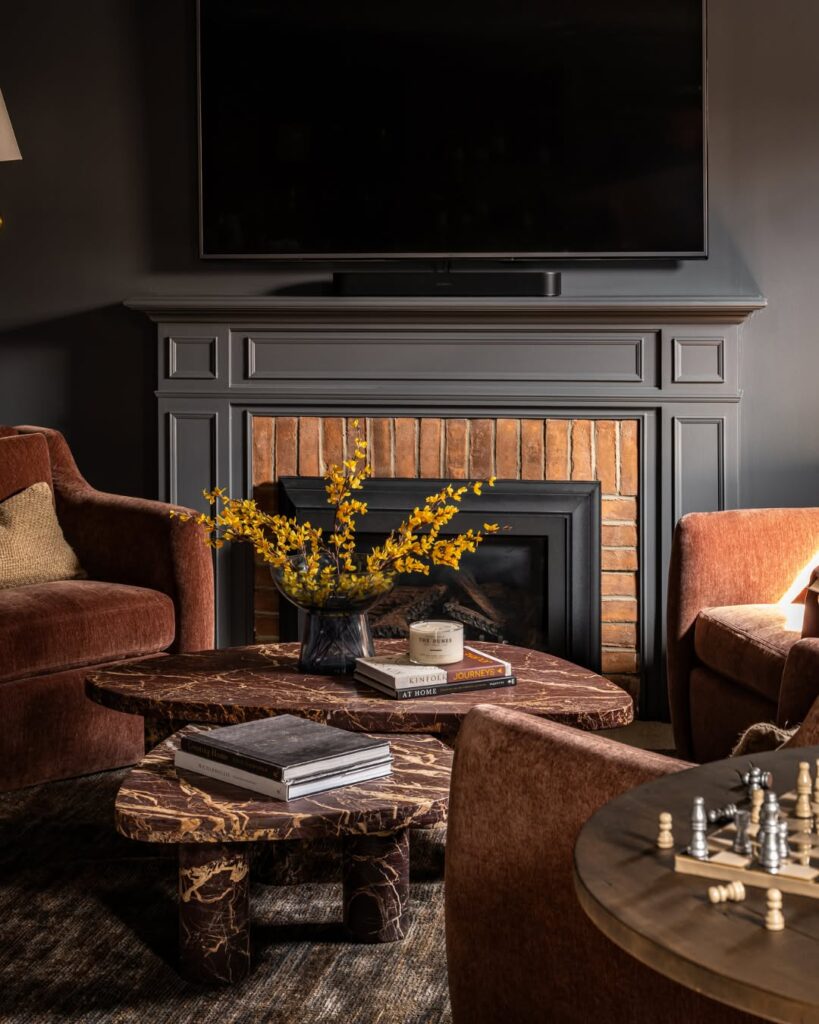 Charcoal Walls with Cognac Seating