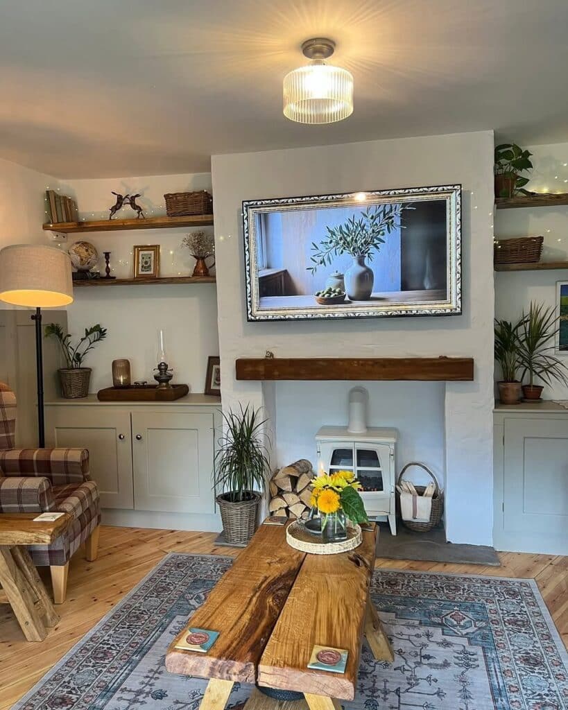 Cottage Living Room with Hearth and Live-Edge Wood