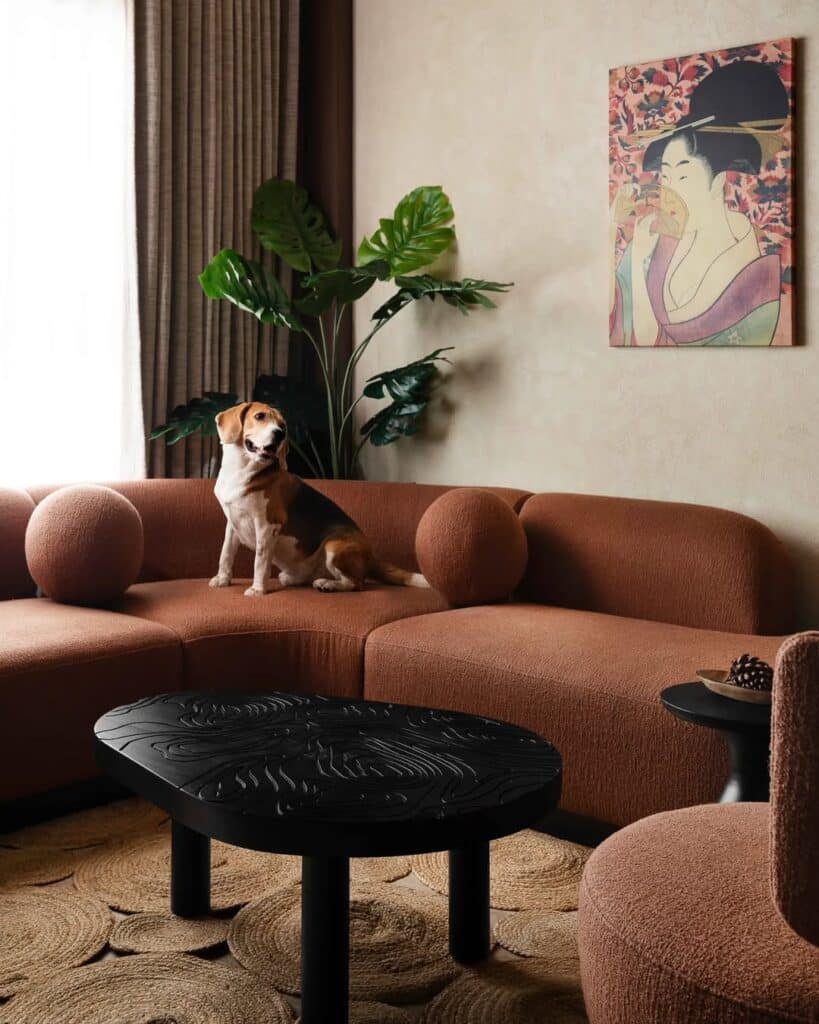 Curved Cocoa Black and Brown Living Room