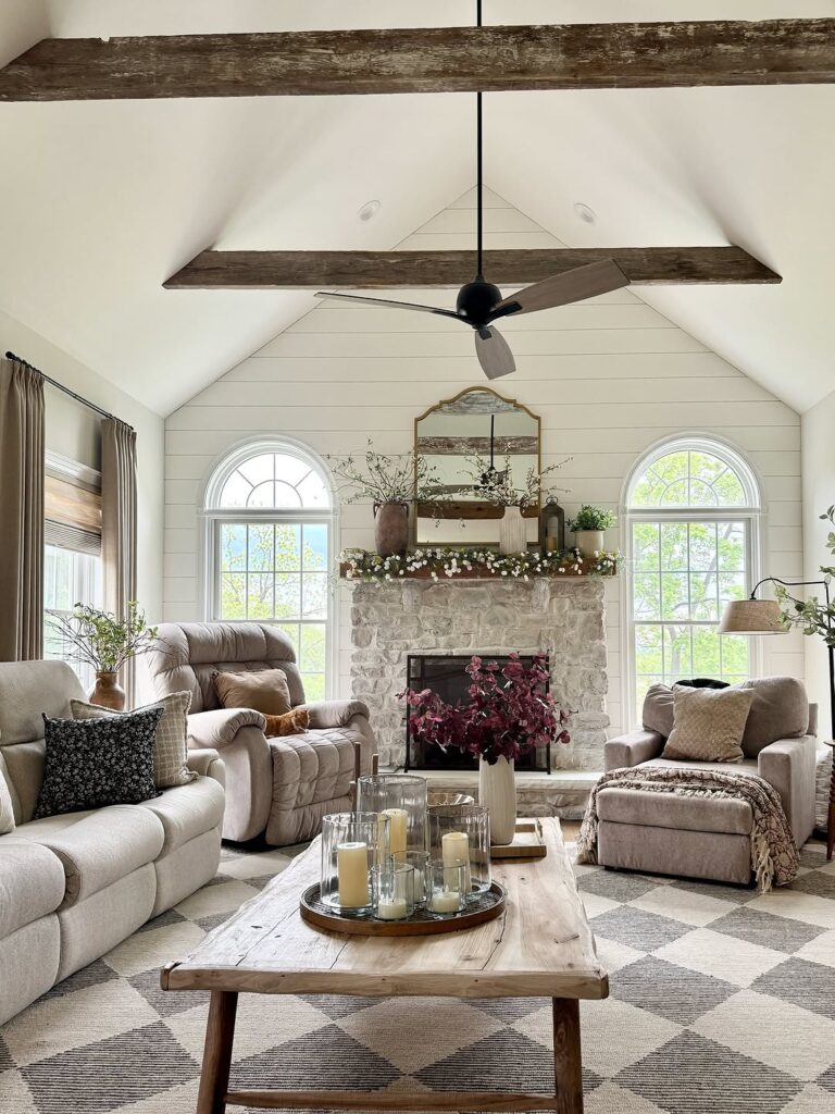 Farmhouse Living Room with Vaulted Ceiling