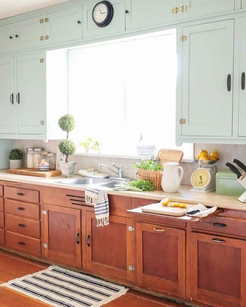Mint Upper Cabinets and Rustic Wood Lower Cabinets