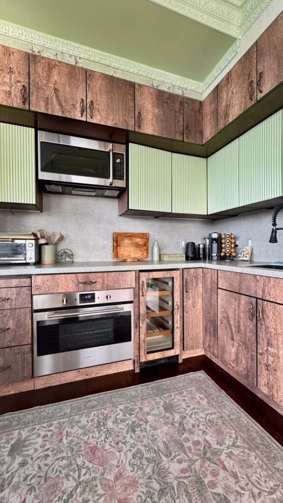 Rustic Wood Base with Ribbed Mint Upper Cabinets