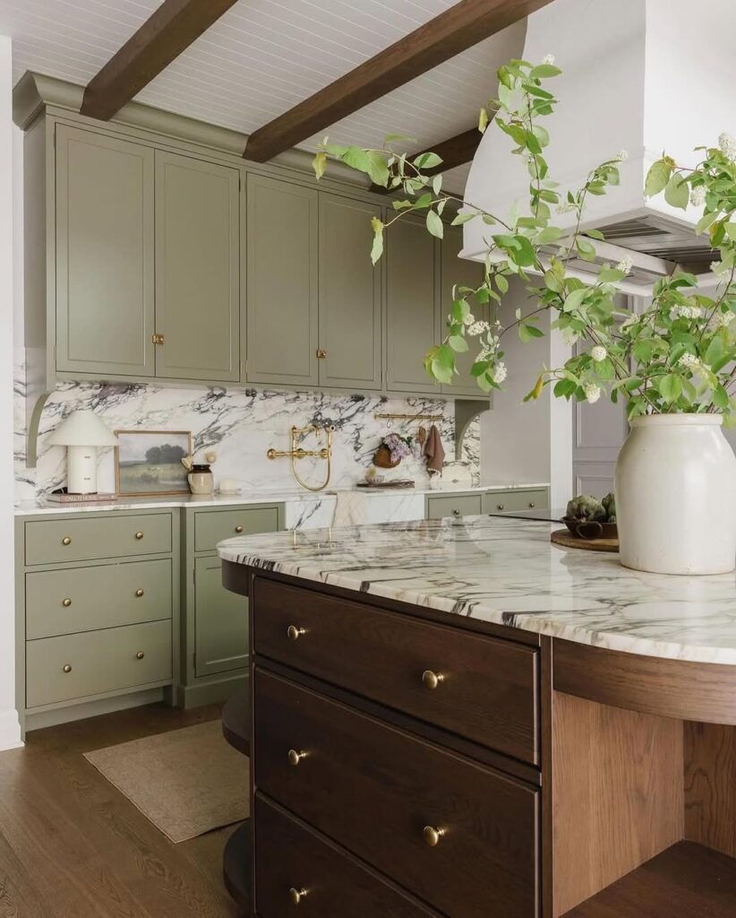 Sage Cabinets and Walnut Island