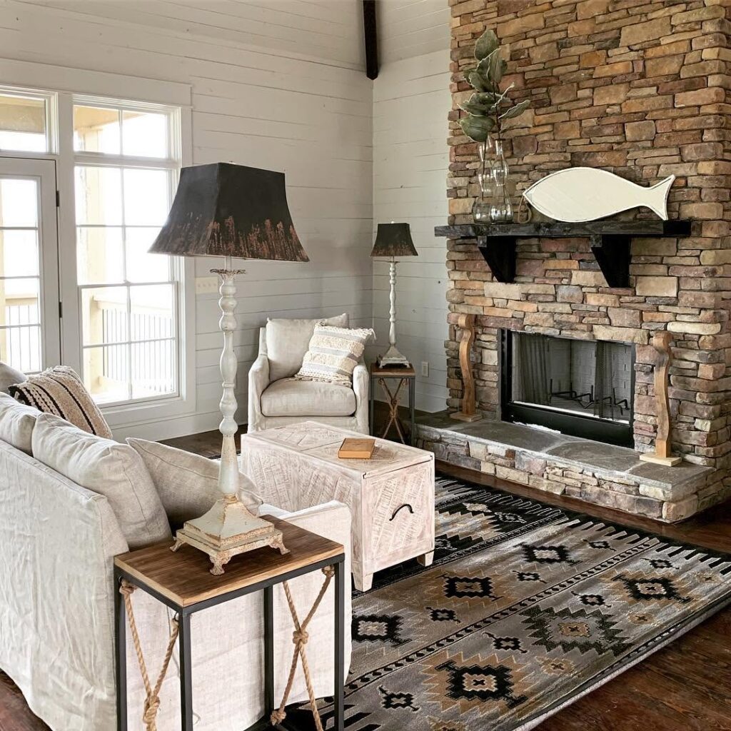 Southwestern Living Room with Stone and Shiplap