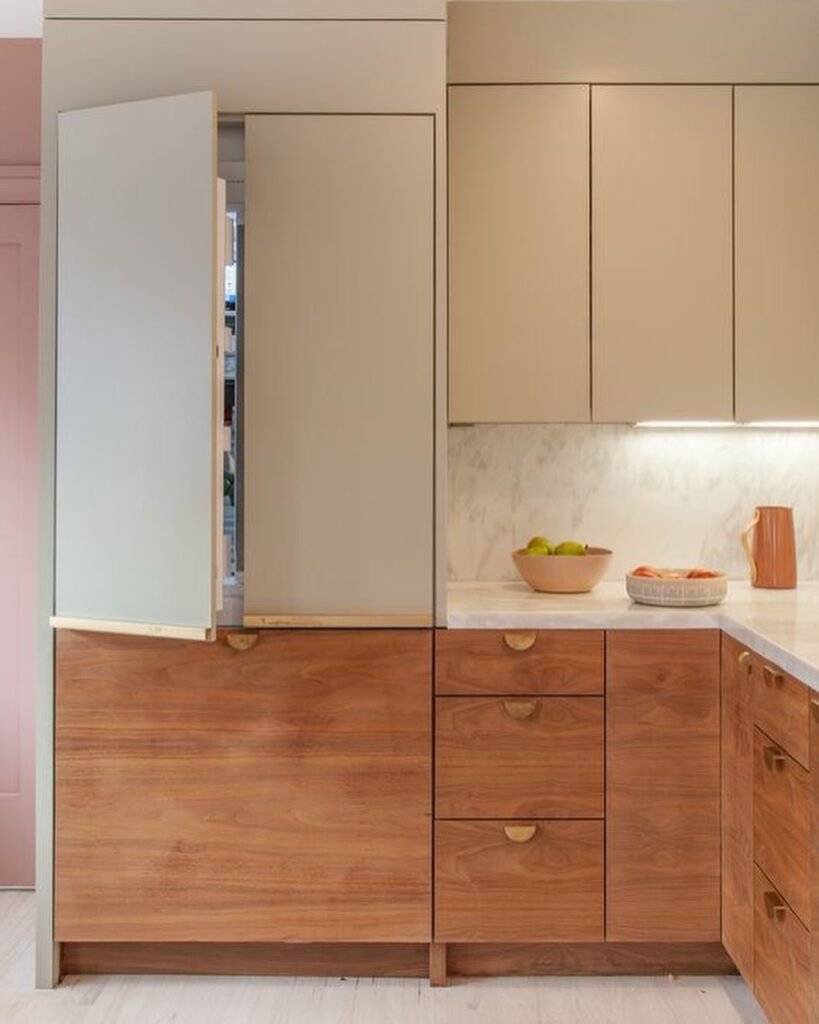 Taupe Upper Cabinets with Walnut Base