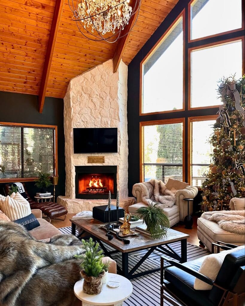 Upscale Chalet Fireplace with Gold Trim