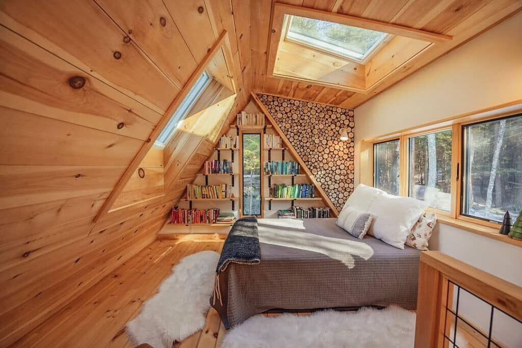 Winter A-Frame Library Loft with Overhead Skylights