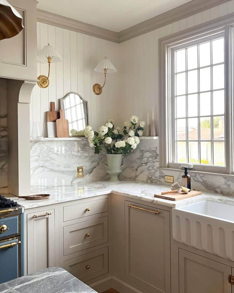 Brass Accent Matte Beige Cabinets