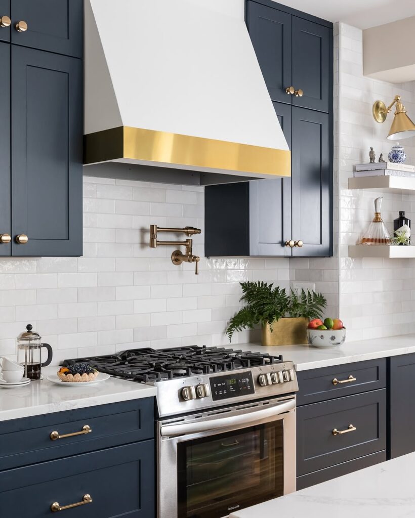 Brass Details on Navy Cabinets