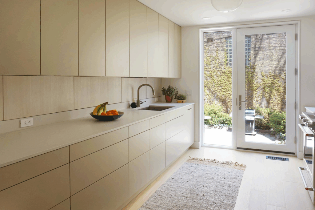 Hidden-handle beige cabinets