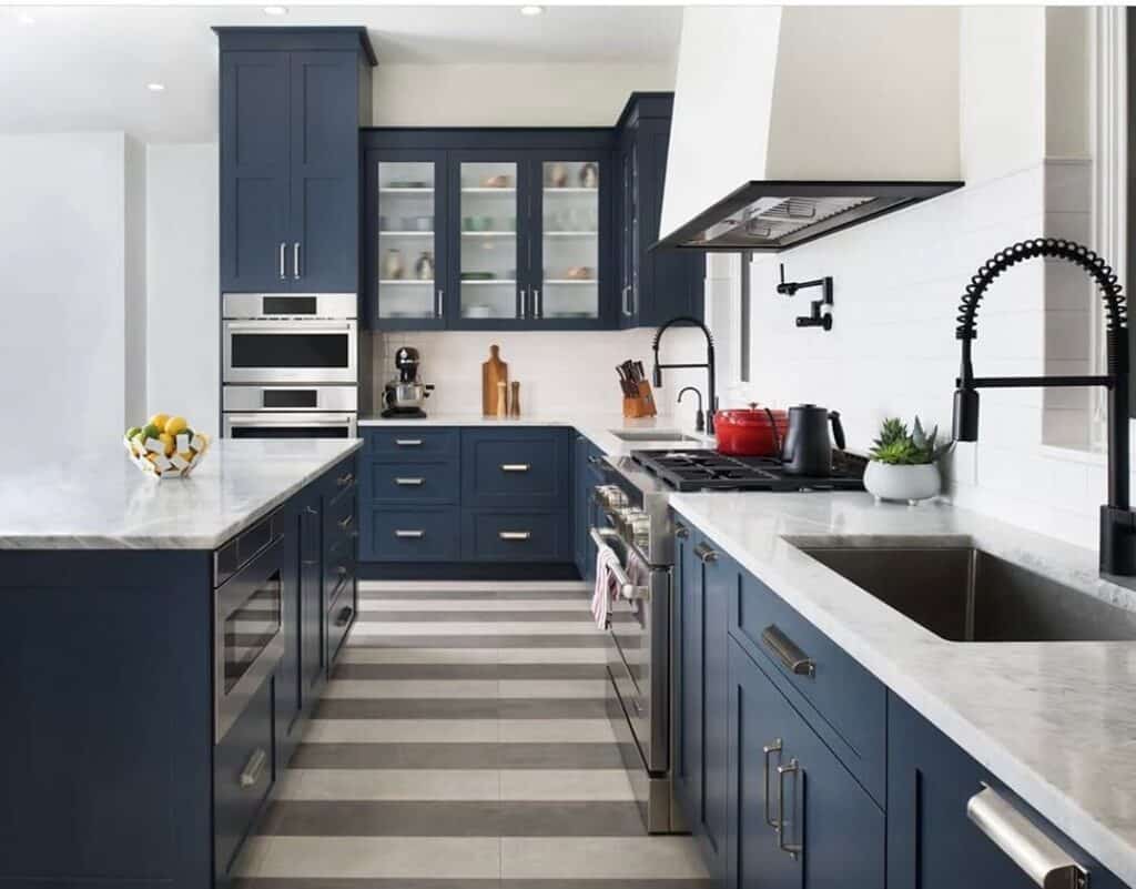 Navy Blue Cabinetry White Countertops
