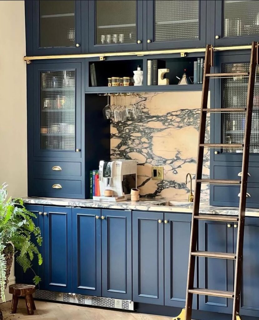 Navy Blue Glass-Front Upper Cabinets