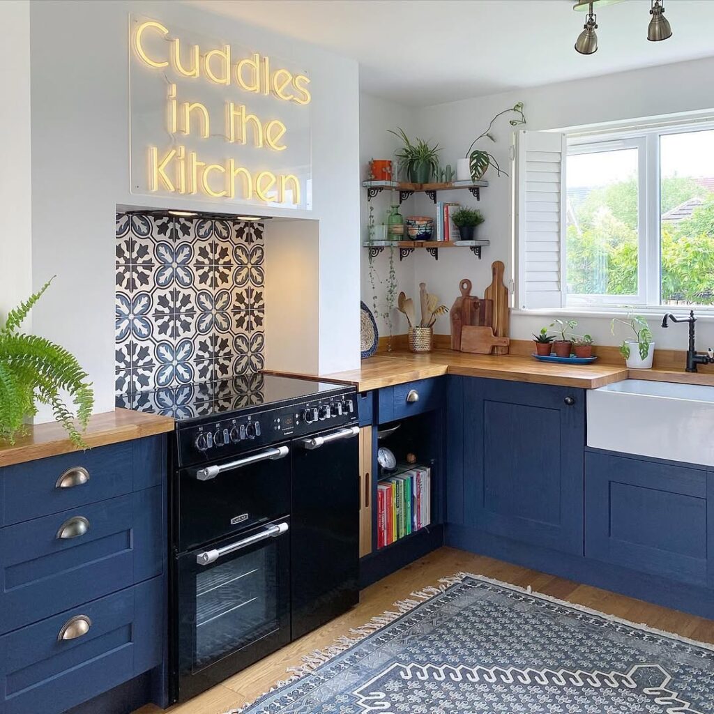Patterned Backsplash with Navy Cabinetry