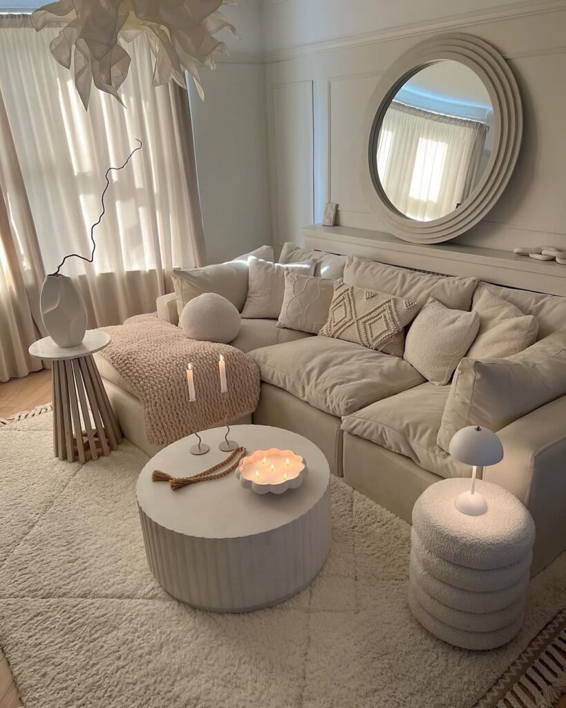 White Living Room with Candlelight and Light Linen