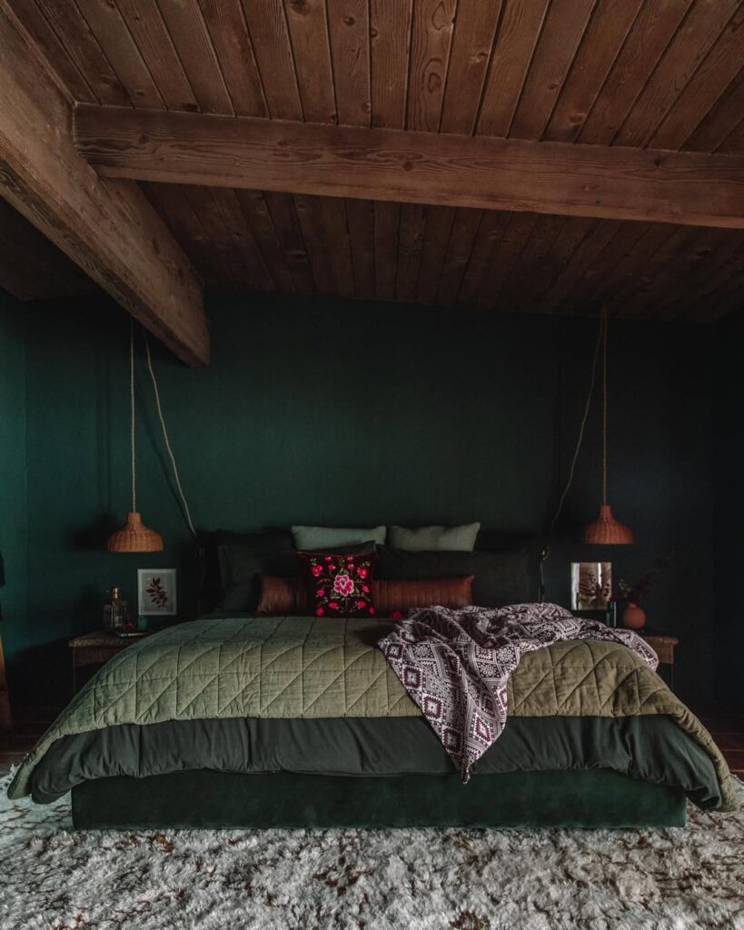 Deep Green Cabin Bedroom