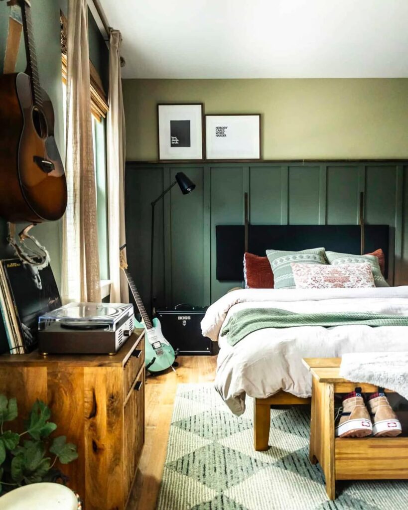 Moody Green Paneled Musician Bedroom