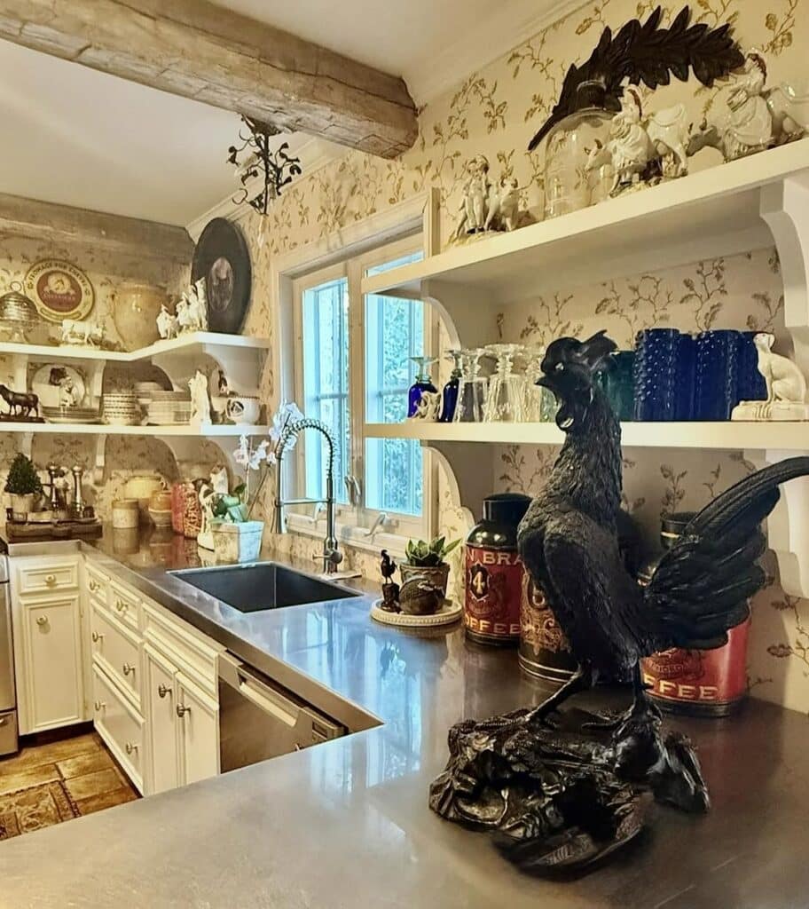 Rooster Accents on an Open Vintage Shelf