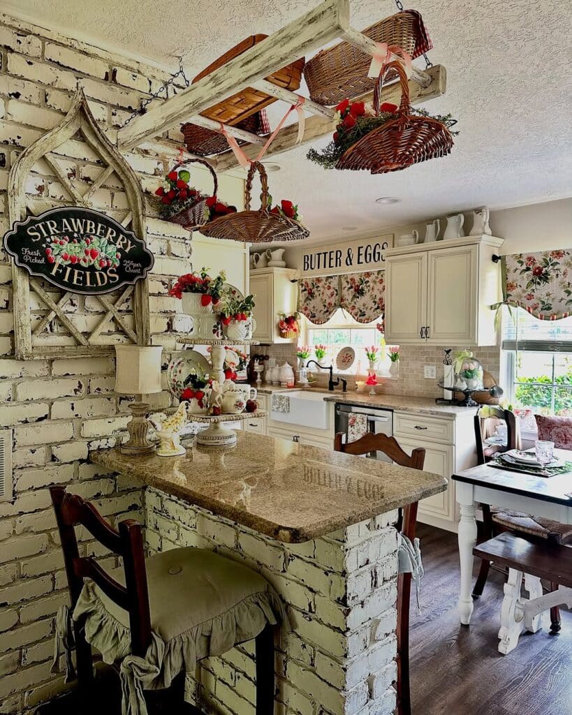 Rustic Brick Wall with Floral Accents