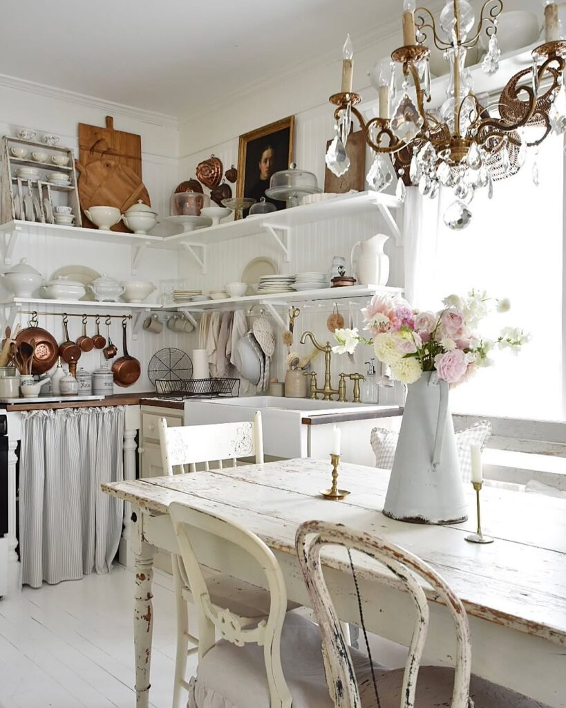 Whitewashed Finish with Overhead Crystal Chandelier