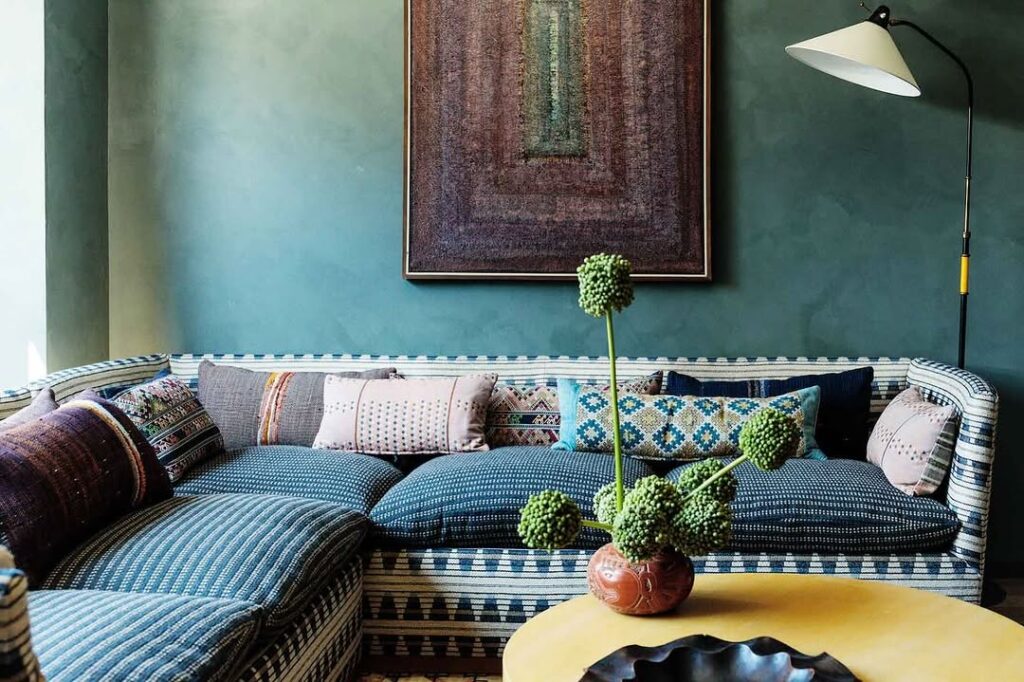 Bohemian Teal Living Room with Woven Textures